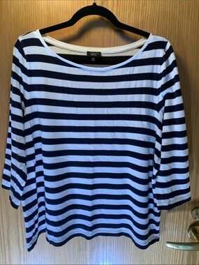 Talbots Black and White Striped Cotton Boatneck Top - Size 2XP